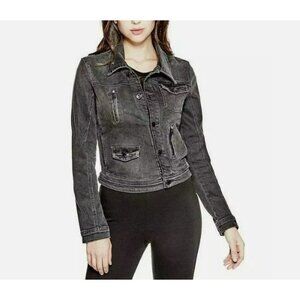 Guess Black Denim Jacket Button-Up Biker‎ Multiple Pockets Womens Size S